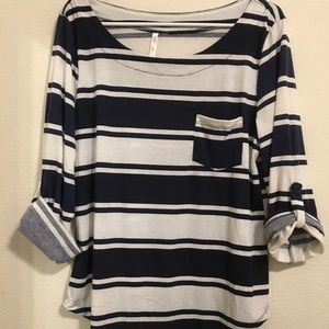 DNA Couture White and Navy Striped 3/4 Sleeve Top